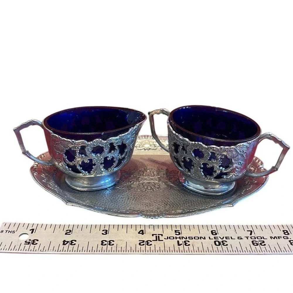 Vintage‎ Cobalt Blue Glass Creamer and Sugar Set Silver Filigree Japan 3 Piece